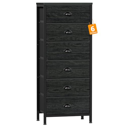 Furnulem Tall Dresser with 6 Drawers,Vertical Bedside End Table & Chest for Bedroom,Black Storage Tower Dorm Nightstand with Fabric Drawer Organizer Unit Furniture in Living Room,Closet,Hallyway - color: Black Oak, size: 11.5"D x 16"W x 39.6"H (6 Drawers)