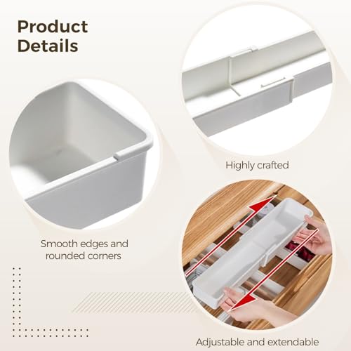 4 Pcs Adjustable Drawer Organizers, Extendable Plastic Dividers for Kitchen, Bathroom, Office Utensil, Cutlery, and Office Supply Storage, White Tray Set