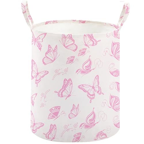 TECHMILLY Large Storage Basket for Girls and Boys, Collapsible Laundry Hamper with Long Handles, Toy Bins for Nursery, Kids Room Décor (Pink Butterfly) - color: Pink Butterfly, size: 1 Pack