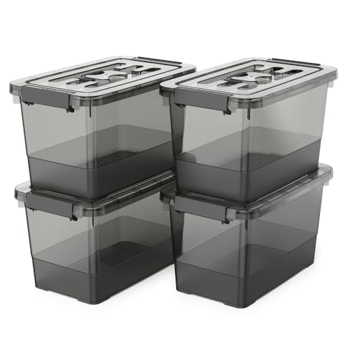 4 Pack 7 Quart Clear Black Storage Bins with Latching Lids, Stackable Plastic Storage Containers for Closet, Pantry & Garage Organization - color: Black