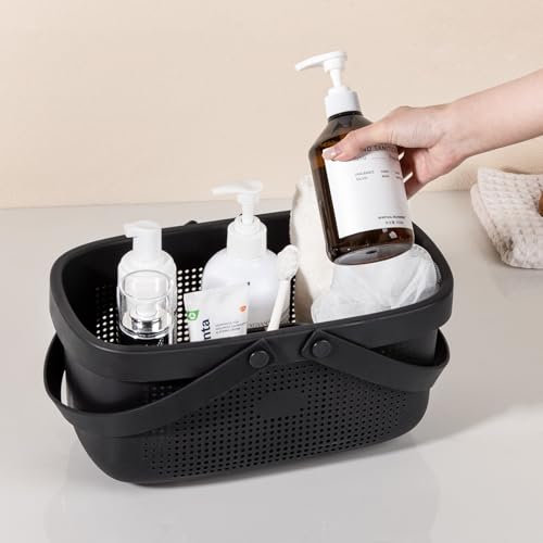 JiatuA Plastic Storage Basket with Handle Portable Shower Caddy Tote Organizer Basket Bin for Bathroom Kitchen Dorm Room Bedroom, Black - color: Black, size: Large