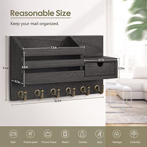 FifthQuarter Key and Mail Holder for Wall, Mail Organizer Wall Mount with 6 Hooks and Storage Drawer, Easy Installation Key Rack for Entryway and Home Decor (A-Black) - color: A-Black