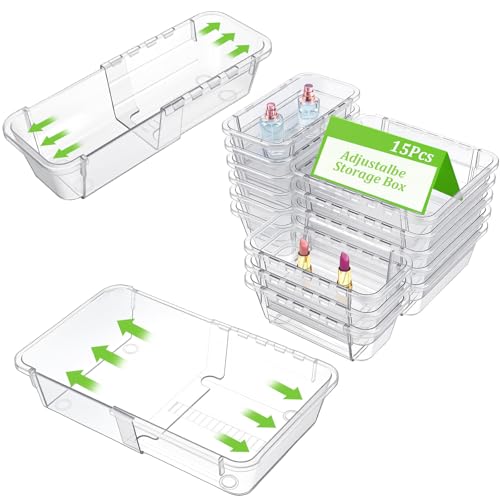 15-Piece Extendable Drawer Organizer Set, 2-Size Adjustable Clear Plastic Storage Bins for Bathroom Vanity, Makeup, Kitchen Utensils & Office Supplies