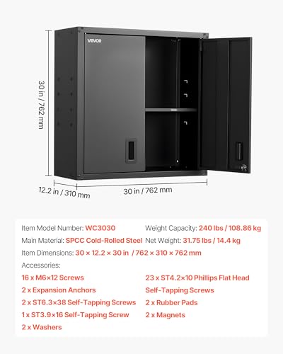 VEVOR Metal Wall Cabinet, 30W x 12.2D x 30H Inch, Steel Floating Hanging Storage Cabinet with Locking Doors and Adjustable Shelf for Garage, Basement, Kitchen, Warehouse Assembly Required, Black - style: Foldable 30" Without Open Grid