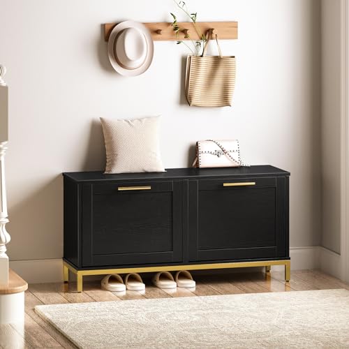 HOOBRO Shoe Bench with Storage, Shoe Storage Bench with 2 Flip Drawers, 39.4" Shoe Cabinet with Bench, Hidden Shoe Rack Organizer for Entryway, Foyer, Hallway, Mudroom, Black and Gold DB48HX01 - color: Black + Gold