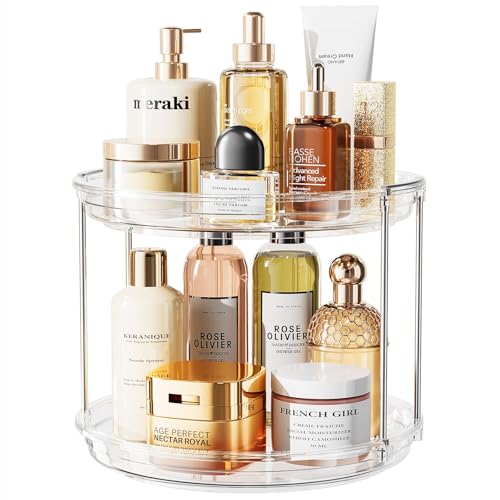 LAMU Rotating Makeup Organizer for Vanity, 10.6in 2 Tier Lazy Susan Turntable Stackable Spinning Skincare Organizer Cosmetic Perfume Tray Display for Bathroom Counterop, Large Capacity, Clear - color: Clear, size: 10.6in 1Pack