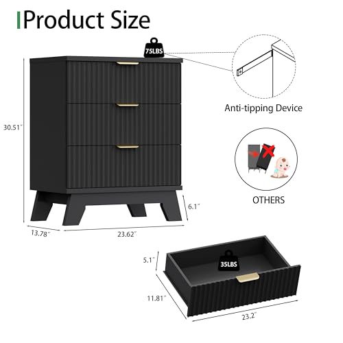 Fluted Dresser for Bedroom with 3 Drawers, 24" Wide Modern Chest of Drawers with Metal Handle, Wooden Dresser TV Stand, Wood Closet Clothes Storage Drawer Organizer for Living Room, Hallway, Black - color: Black, size: 13.8"D x 23.6"W x 30.5"H (3 Drawers)