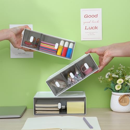 Desktop Storage Drawers, Plastic Desk Organizer with 3 Drawers, Modular Stackable Toolbox Units for Office Stationary, Makeup Container, Bathroom Countertop (1 Tall Layer, White & Clear) - color: 1 Tall Layer & 3 Drawers, White & Clear