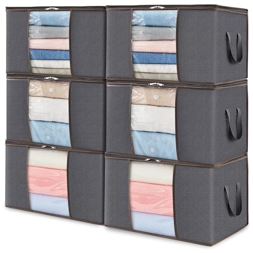 Lifewit 6 Pack Clothes Storage Bins with Lids, Foldable Blanket Storage Bags with Zippers, Clear Window and Reinforced Handles, Closet and Organization for Clothing, Sweater, Comforter, Bedding - size: 60L