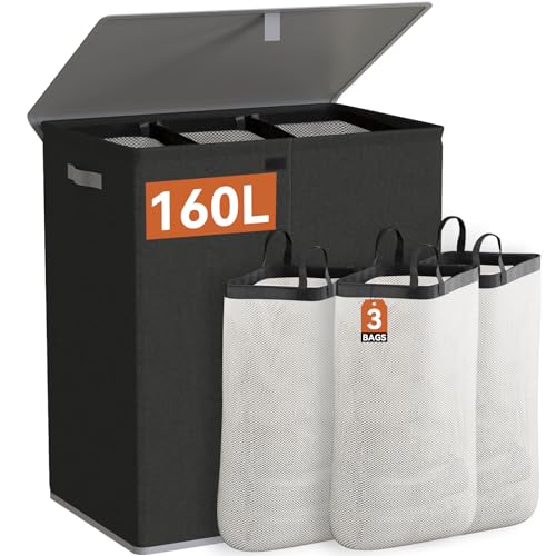 WOWLIVE Laundry Hamper with Lid,160L Large Laundry Basket 3 Section with Removable Washing Bags,Collapsible Waterproof Dirty Clothes Hamper for Laundry Room Bathroom Dorm,Black - color: Black, size: 160L (24.8x 14 x 27.5 Inches)
