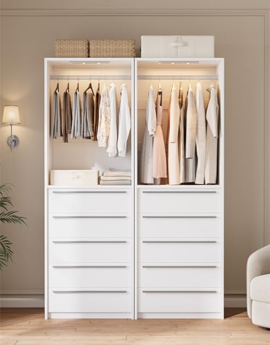 Closet System, Closet Organizer System with Rechargeable Motion Sensor Light Indoor, Walk in Closet Systems with 5 Drawers and Metal Hanging Rods, White