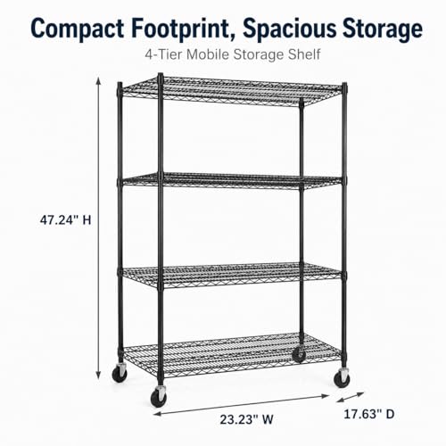 Simple Deluxe 4-Tier Heavy Duty Adjustable Storage Shelf with Wheels, 23.23”W x 17.63”D x 47.24”H, Wide Mobile Metal Shelving Unit, Easy Assembly for Living Room, Office,Black - color: Black, size: 4-Tier, 23.23”W x 17.63”D x 47.24”H