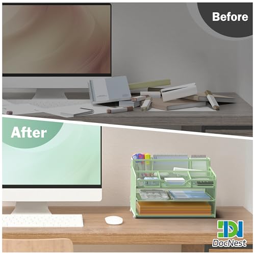 Docnest 3 Tier Mesh Desk Organizer for Paper Office Supplies – Multi-Functional Letter Tray with 5 Adjustable Compartments, 3 Pen Holders, Desktop Storage for Files, Mail, Stationery – Green - color: Green, size: 12.7" x 9.1" x 8.6"