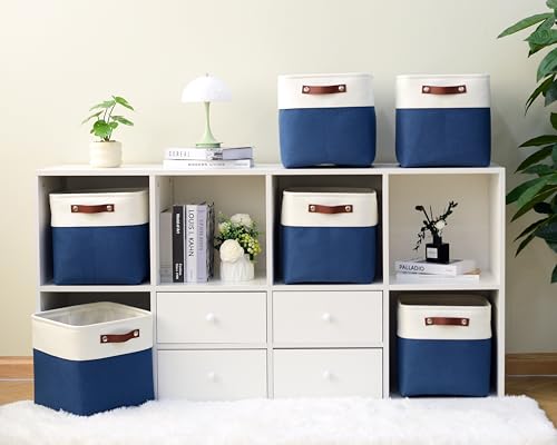 FinishingBo Cube Storage Baskets 6 Pack, 11x11 inch Cube Storage Bins with Leather Handles for Shelf Closet (White/ Blue) - color: White/ Blue