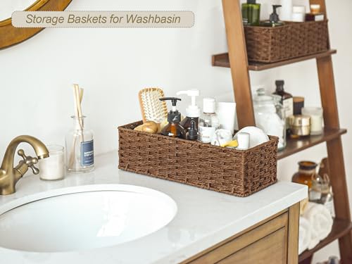 StorageWorks 3-Section Wicker Baskets for Shelves, Hand-Woven Round Paper Rope Storage Baskets, Walnut, 2-Pack - color: Walnut, size: 14¼"L x 6"W x 4¼"H