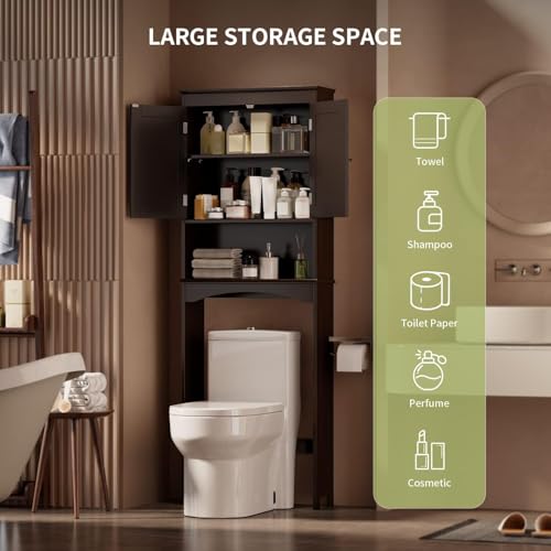 Gizoon Over the Toilet Storage Cabinet with Adjustable Shelf and Double Doors, Bathroom Space Saver Organizer Above Toilet with Open Shelf, Taller Wooden Free Standing Toilet Rack -Espresso - color: Espresso