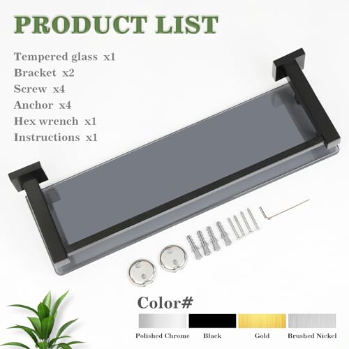 Alise Bathroom Glass Shelf with Stainless Steel Railing, Matte Black Small Tempered Glass Floating Wall Shelf Over The Toilet, 16 inch - color: Matte Black, size: 16 Inch