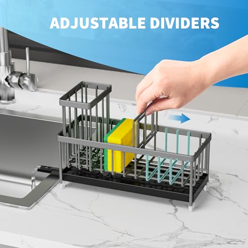 Cisily Sponge Holder for Kitchen Sink, Sink Caddy Organizer with High Brush Holder, Kitchen Countertop Organizers and Storage Essentials, Rustproof 304 Stainless Steel (Dark Grey, 9.25″) - color: Dark Grey