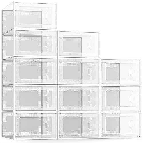 SEE SPRING X-Large Shoe Storage Box Fit Size 11, Clear Plastic Stackable Shoe Organizer for Closet, Space Saving Foldable Shoe Rack Sneaker Container Bin Holder, 12 Pack Clear - color: Clear, size: X-Large Fit Size 11