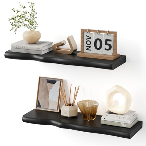Floating Shelves for Wall Rustic Farmhouse 24 Inch Floating Shelf Bathroom Wooden Shelves for Wall Mounted Live Edge Pine Shelf with Unique Natural Grain for Living Room Bedroom Kitchen (Black) - color: Black, size: 24 inch - 2pcs