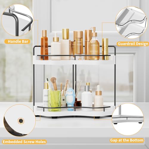 2-Tier Corner Bathroom Counter Organizer with Embedded Screw Holes, Secure & Stable Wood Vanity Shelf for Makeup and Skincare Essentials - Space Saving Bathroom Countertop Storage, White - color: White