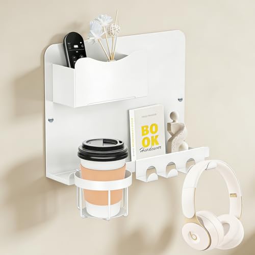 SPOKKI Floating Bedside Wall Shelf Organizer with Remote Control Holder;Metal Adhesive Wall Mount Nightstand Shelf for Bedroom;Dorm Room Essentials;Bed Shelf for Phone,Earphone,Kindle (White) - color: White