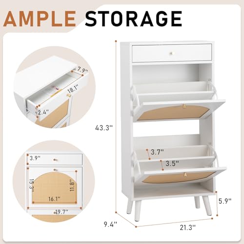 Karl home Shoe Rack Storage Organizer, Rattan-Panel 1-Drawer 2-Tilt-Out Shoe Storage Cabinet, Hidden Shoe Storage for Entryway,Ideal for Heels,Slippers,Casual Shoes, White - color: White, size: 1-Drawer 2-Tilt-Out