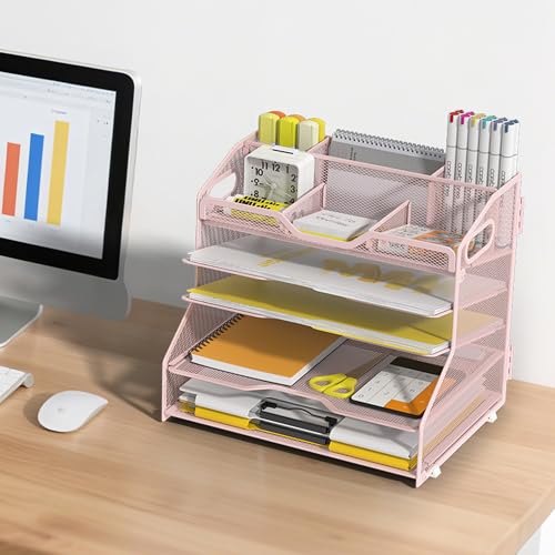 YINGHUA 5 Tier Paper Tray Letter Organizer with Top 6 Adjustable Compartments - Paper Sorter Office Desktop Accessories with Handles for Document,Mail,School Supplies Storage,Pink - color: 5 Tier-pink