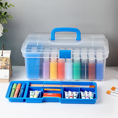 JUXYES Plastic Clear Craft Paint Bottle Storage Box with Divided Tray and Cleaning Cup, Portable Acrylic Paint Storage Organizer Case with Lid, Storage 36 Bottles of 2 fl. oz Acrylic Paints, Blue - color: Blue