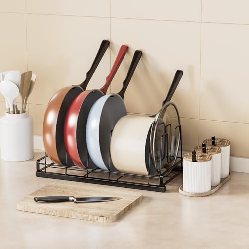 Food Container Lid Organizer, Adjustable 6 Dividers Full-Metal Pot and Pan Organizer Rack for Kitchen Cabinets, Drawers, Cupboards, Pantry Shelves Storage, Black - color: Black,14",6 Dividers