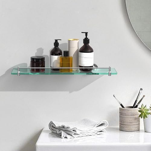 20 Inches Glass Shelves for Bathroom, Chrome Polished Floating Glass Shelf Stainless Steel Tempered Glass Bathroom Shelves for Wall Mount Modern - color: Chrome Polished, size: 20"with railing