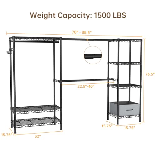 Golpart Coat Rack Clothes Wardrobe：Closet Organizer and Storage Clothing Garment Rack with Shelves Heavy Duty for Hanging Clothes Portable Adjustable Black 15.8" Dx(70-88.5)" Wx76.5 H - color: Black, size: 15.8"Dx(70-88.5)"Wx76.5"H