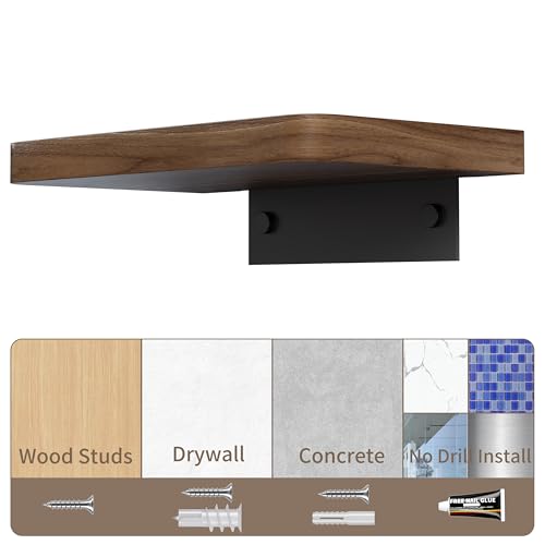Danpoo Solid Walnut Floating Shelf, 8 inch Small Natural Wood Wall Mounted Shelf for Bathroom, Kitchen, Bedroom, Living Room, Farmhouse Decor - color: Black, size: 8 inch