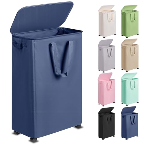 Vincona Slim Laundry Hamper with Lid and Wheels, Small Rolling Laundry Basket with Handle for Small Spaces, Tall Dirty Clothes Hampers for Dorm, Bathroom and Bedroom, 75L, Blue - color: Navy Blue, size: 75L