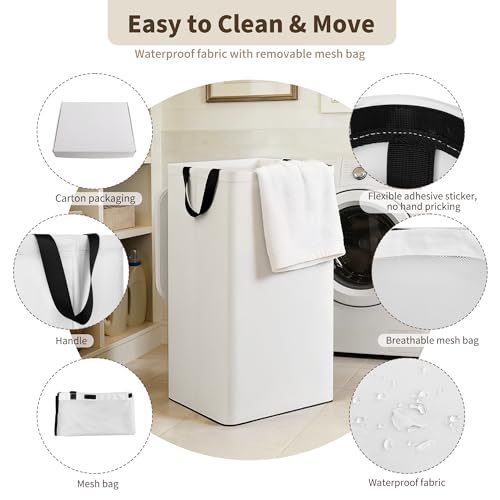 80L Large Laundry Hamper with Lid, Foldable Laundry Bag for Washing Machine with Removable Inner Bag, Dirty Hampers for Bedroom, Bathroom,Laundry Room, College (White) - color: White