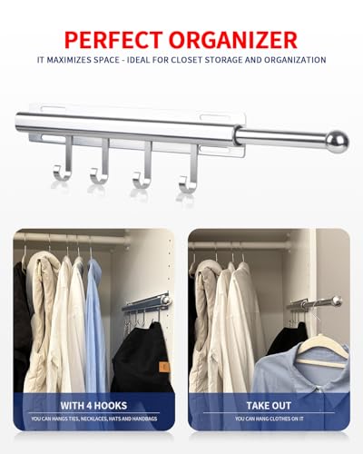 BaiNong 12 inch Valet Rod for Closets Pull Out Closet Valet Rod Slide Out With 4 Hooks Silver Pull Out Clothes Hanger - color: Silver, size: 12 Inch
