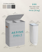 SONGMICS Laundry Basket, 44.9 Gal. Laundry Hamper, 2 Compartments, Easy Assembly, with Lid and Handles, Removable Inner Bags, 22 x 15.7 x 29.5 Inches, Dove Gray ULCB813G01 - color: Dove Gray, size: 170 L (2-Section)