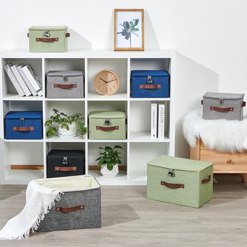 Storage Bins Boxes with Zipper Lid Combination Lock PU Leather Handles Cotton Linen Fabric Lidded Lockable Baskets Foldable Washable Closet Shelf Organizer Container (Black, Large) - color: Black, size: Large ( Set of 1 )