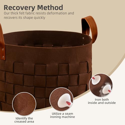 boldmonkey Blanket Basket 15 " x15 x13 2 Pack, Fabric Large Basket with Leather Handle, Dirt Clothes Laundry Basket Round for Babies, Dogs and Living Room-Brown - color: Wood Brown