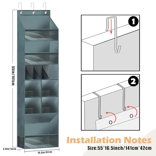 Over the Door Organizer with 6 Tiers & 11 Pockets – Multi-Purpose Hanging Door Organizer with Clear Pockets, Heavy Duty Space-Saving Closet Storage, Fits Shoes Hats Bags, Tool-Free Installation, Grey