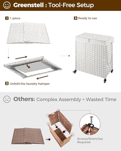 Greenstell Laundry Hamper with Wheels, No Install Needed, 110L Divided Handwoven Hampers & 2 Removable Liner Bags, Rattan Clothes Laundry Basket with Lid & Handles, Foldable Hampers White - color: White, size: 110L: 22.0x13.5x26.4 Inches