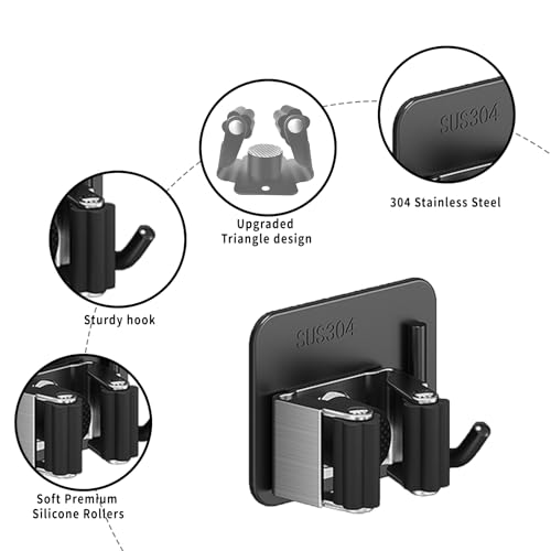 Broom Holder Wall Mount,Mop and Broom Holder Wall Mount Command,3pcs Garden Tool Organizer,304 Stainless (Black)