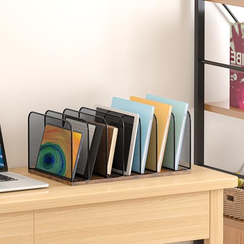 Piskyet Wooden Desk File Organizer, 7-Section Vertical File Folder Holder Stand,Metal Mail Paper Chromebook Organizer for Teacher Desk Office Classroom Desktop Organization - size: 7-Section