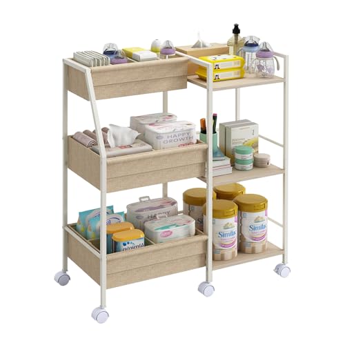 Baby Diaper Caddy Organizer Cart, 3-Tier Rolling Wheels Cart with Dividers and Shelves, Bedside Utility Cart for Nursery Essentials, Large Capacity Mobile Storage Cart for Crib, Bedroom - color: Off White
