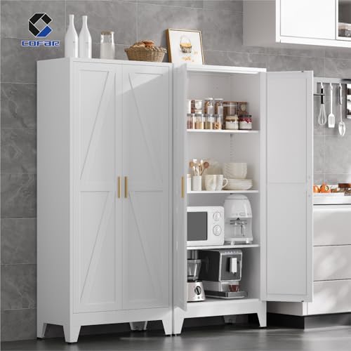 COFaR 61'' Tall Metal Storage Cabinet, Farmhouse Kitchen Pantry Cabinet with Doors and 3 Adjustable Shelves, White Metal Cabinets for Kitchen, Bathroom, Laundry, Garage, 4-Tier - color: White, size: 61 Tall 2 Doors-Tree Door