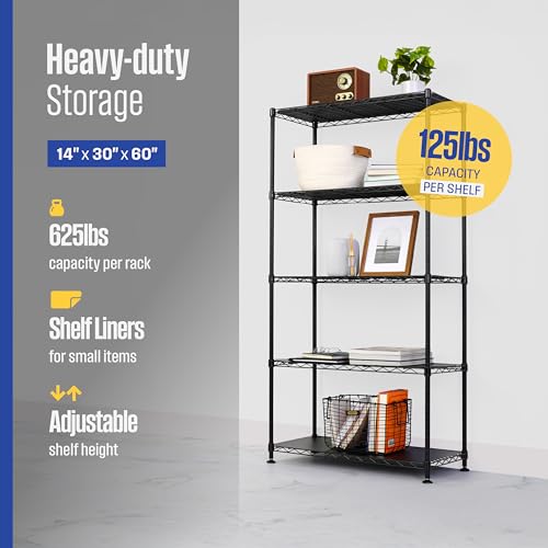 SafeRacks - NSF Certified Storage Shelves, Zinc, Heavy Duty Steel Wire Unit with Adjustable Feet, Garage or Bakers Rack, Kitchen, Pantry Shelf - (14"x30"x60" 5-Tier) (Black) - color: Black, size: 14"x30"x60" 5-Tier