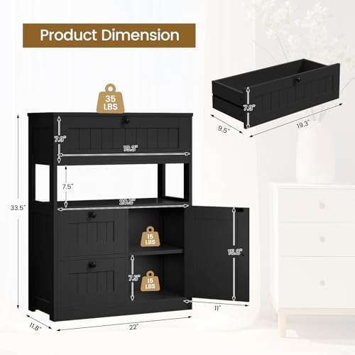 GRUSIGN Storage Cabinet, Modern Bathroom Floor Storage Cabinet Organizer with 1 Door and 3 Drawers, Freestanding Cupboard for Kitchen/Living Room Use - color: Black