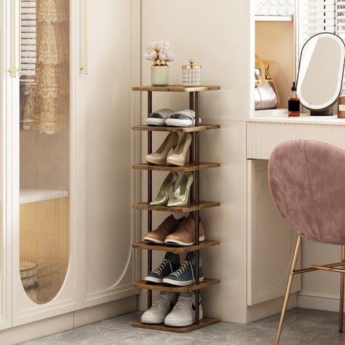 SORCEDAS 7 Tiers Vertical Shoe Rack Wooden Shoe Storage Organizer for Space Saving Narrow Shoe Shelf Storage 7 Pairs for Entryway Living Room Bedroom(Bronze + Rustic Dark Brown) - color: Bronze, size: 7 Tier-Standard