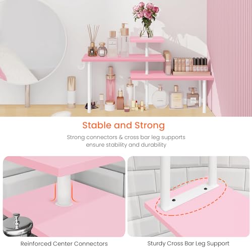 Homode 3-Tier Counter Organizer Shelf for Bathroom, Corner Shelf for Countertop, Over Sink, Make Up, Dresser Table, Desktop - Pink - color: Pink, With Hooks