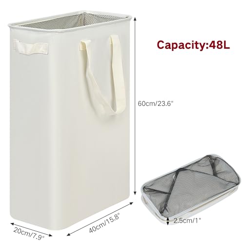efluky Slim Laundry Basket, Narrow Laundry Hamper with Handles, Collapsible Dirty Clothes Hamper, Tall Laundry Bin for Laundry Room, Dorm and Bedroom, 12.7 Gallons(48L) Beige (Pack of 2) - color: Beige, size: 48L without Lid (Pack of 2)